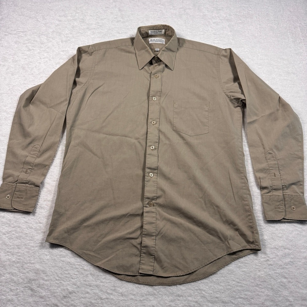 Saxon Men Khaki Tan Long Sleeve Button Down Dress Shirt 15.5 32/33 Single Needle